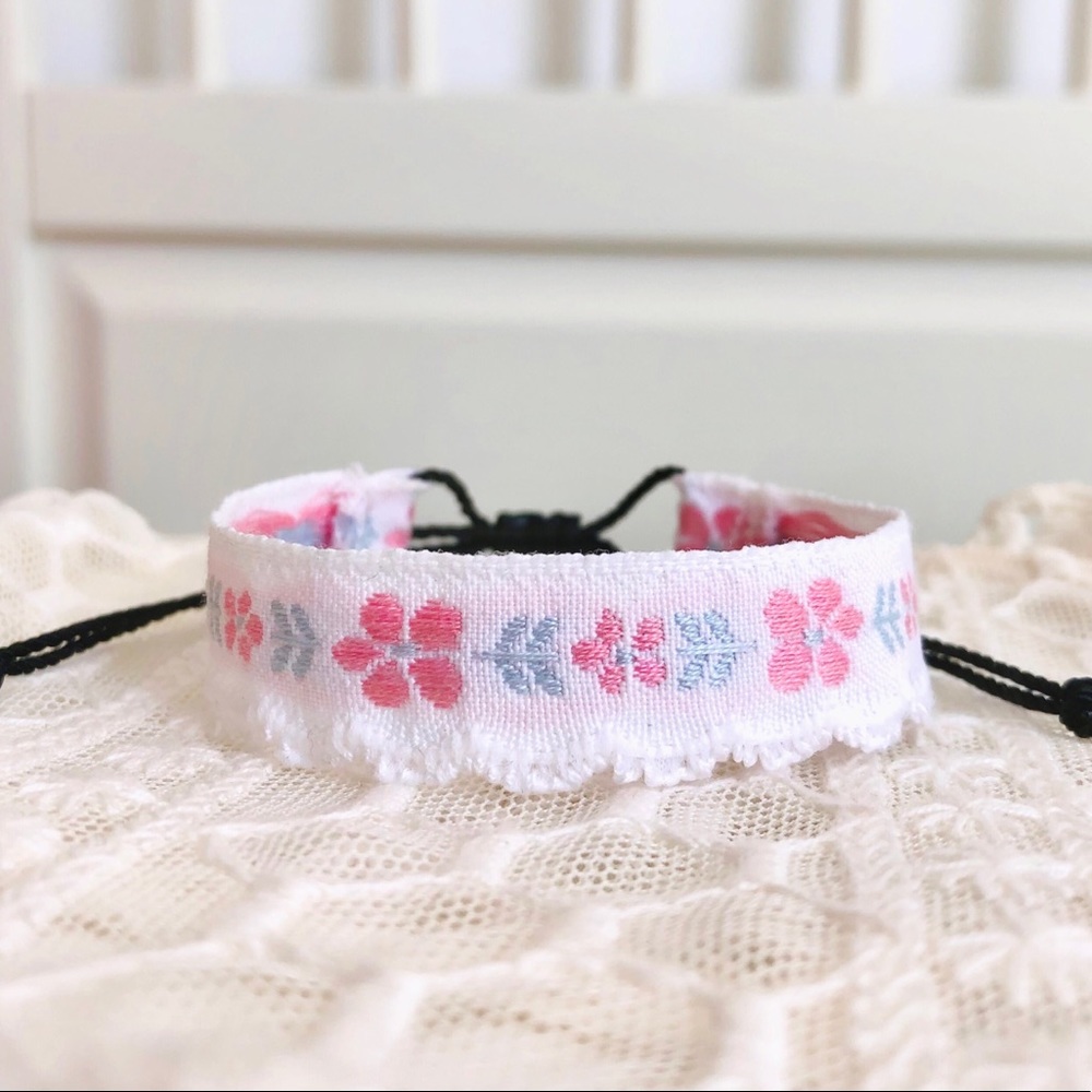 ๑ Vintage Cotton Pink & Blue Flowers Embroidered Trim Bracelet ๑